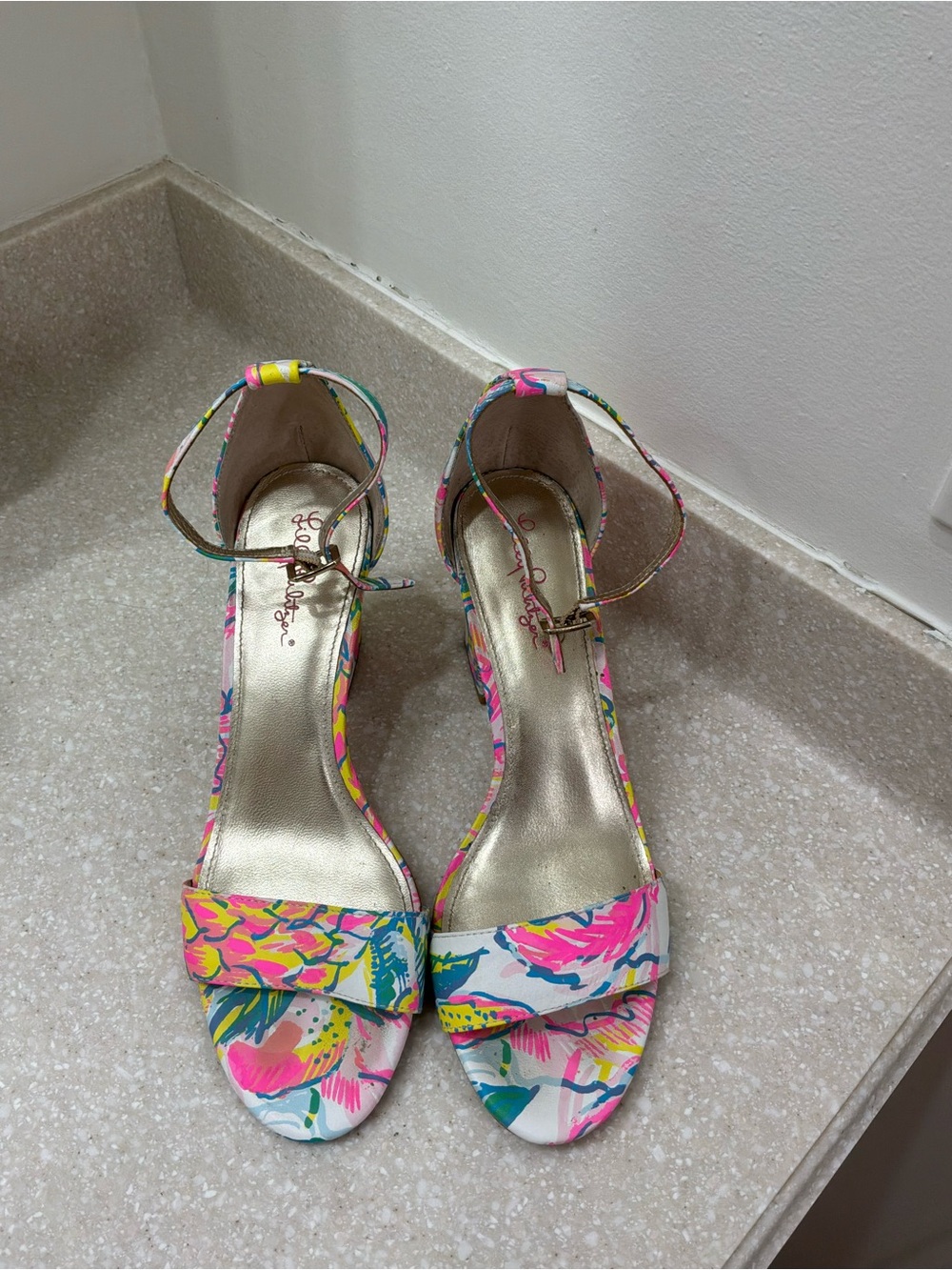 Lilly Pulitzer Floral Ankle-Strap Heels - Pink, Yellow & Green